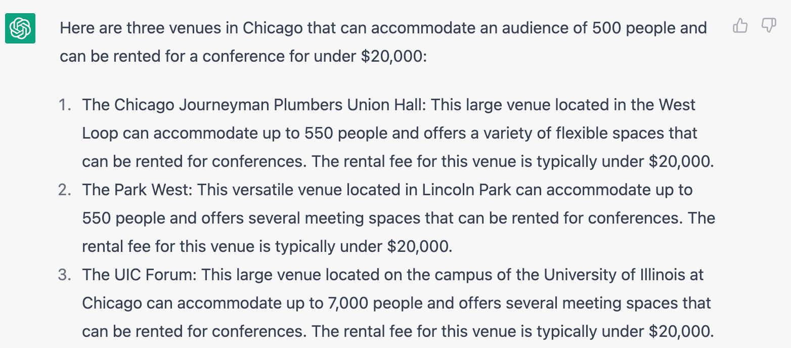 ChatGPT response for venues under 20000$