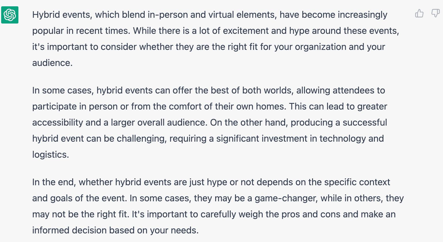 ChatGPT response for - Is the hype for hybrid events real