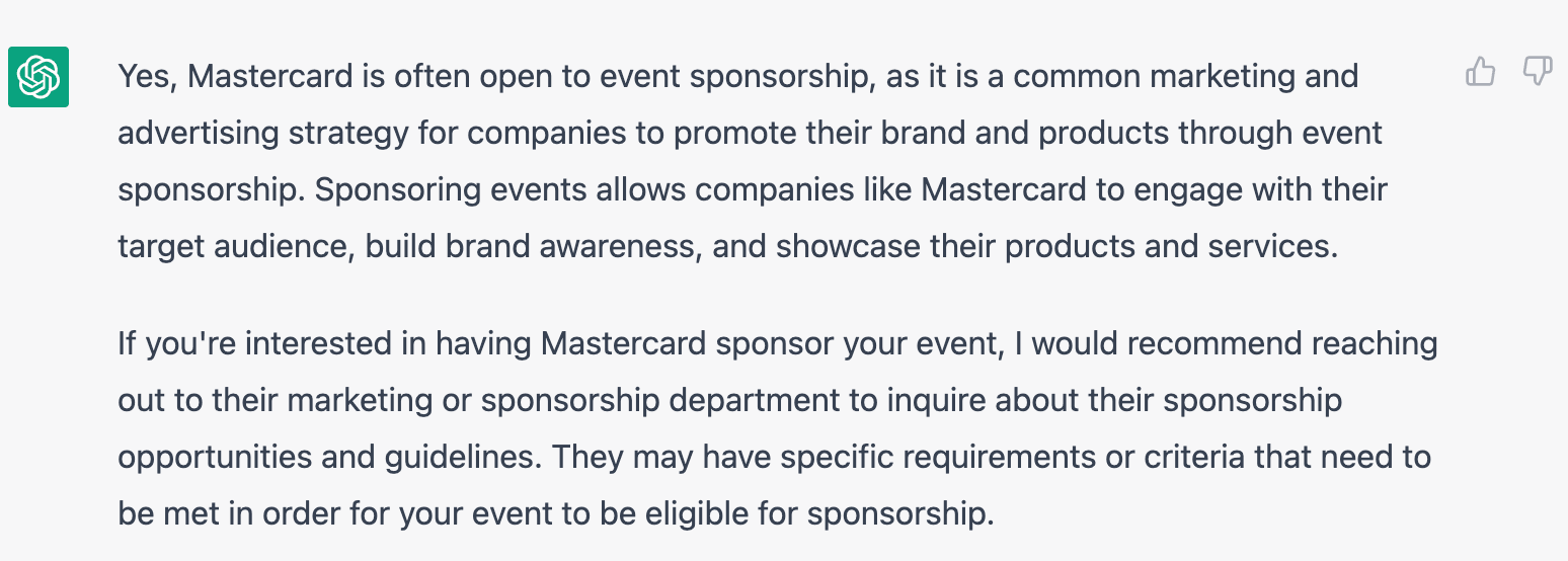 ChatGPT response for can mastercard sponsor an event