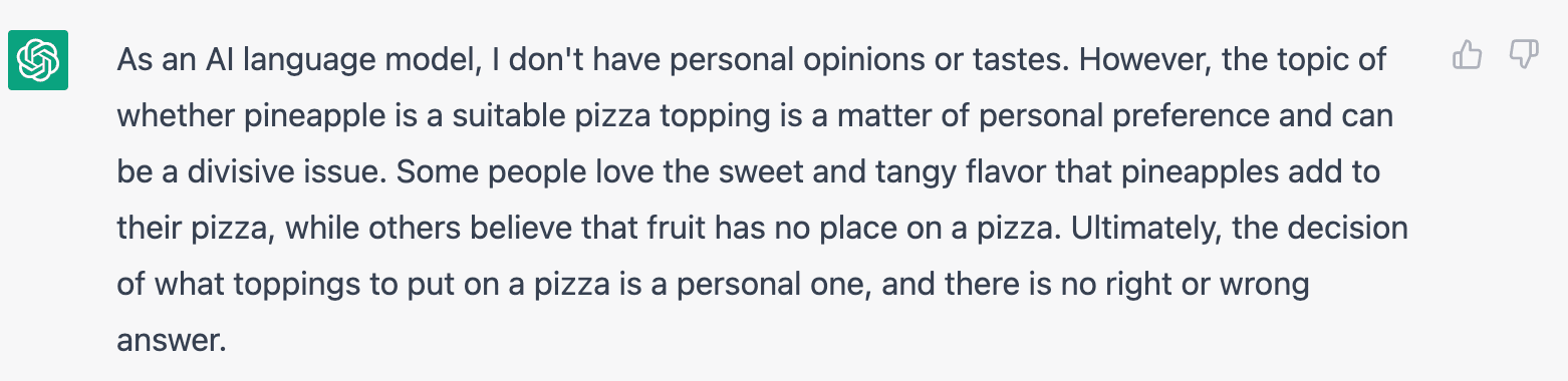 ChatGPT response for pineapple on pizza