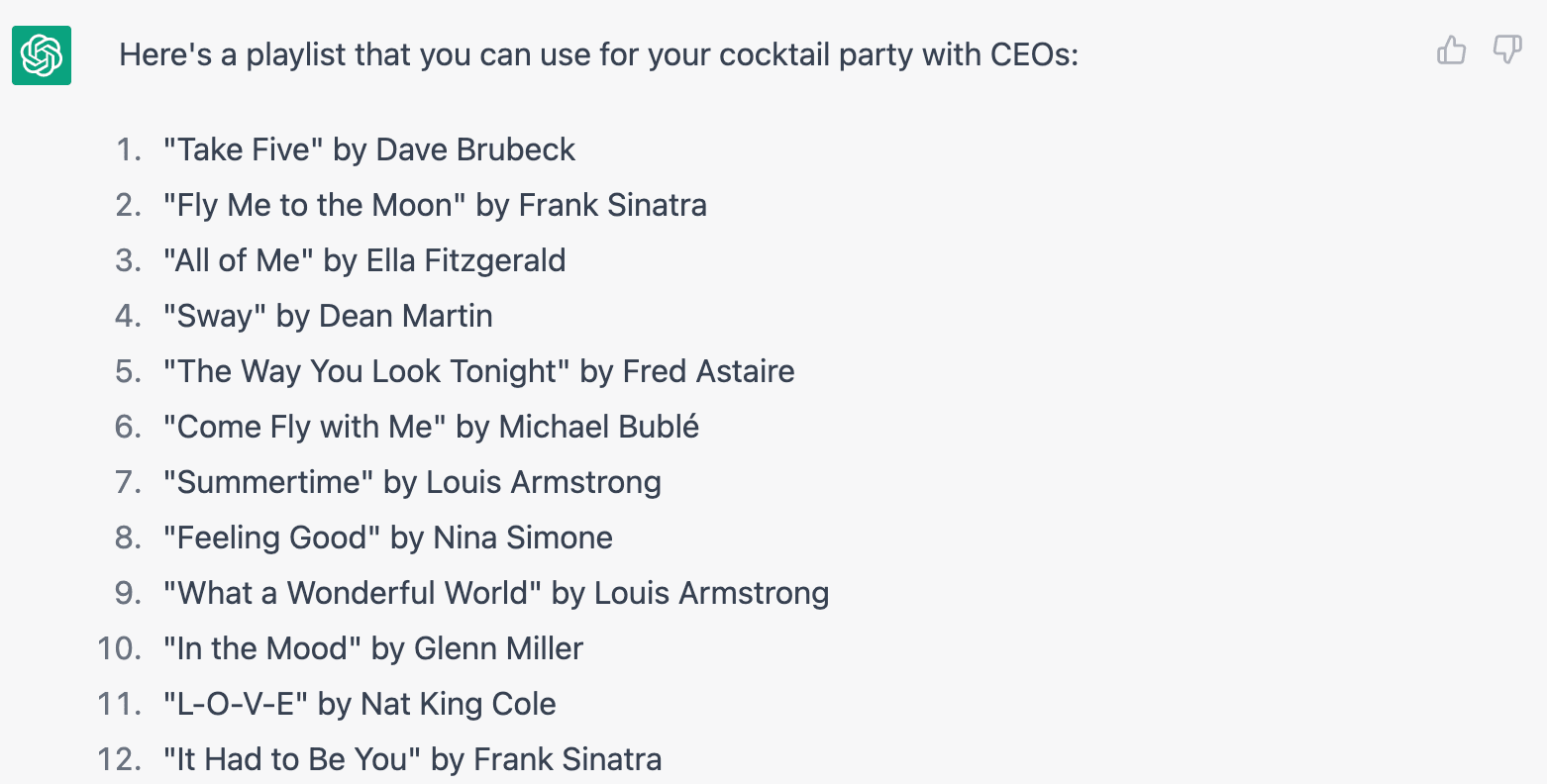 ChatGPT response for a playlist for a cocktail party with CEOs
