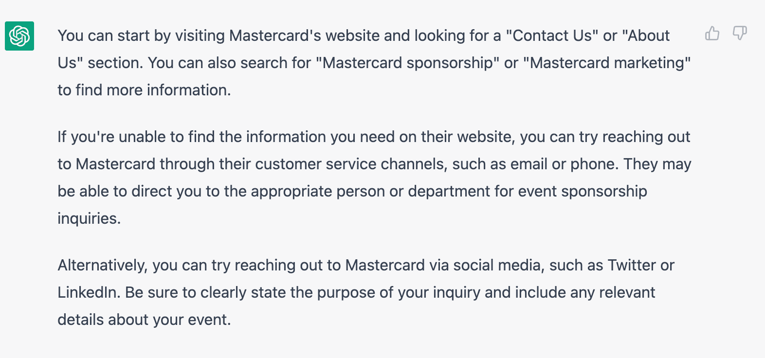 ChatGPT response for how to reach mastercard to sponsor an event