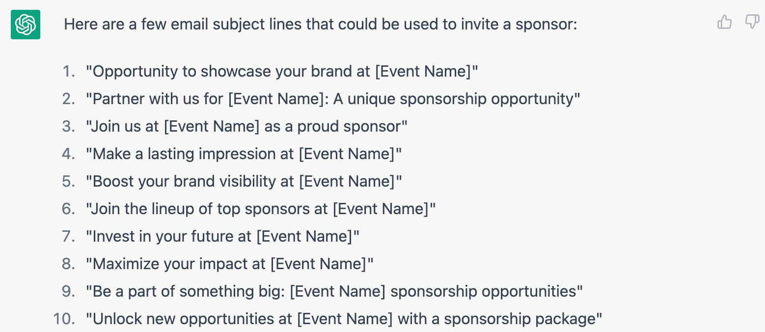 ChatGPT response for listing subject lines to invite a sponsor