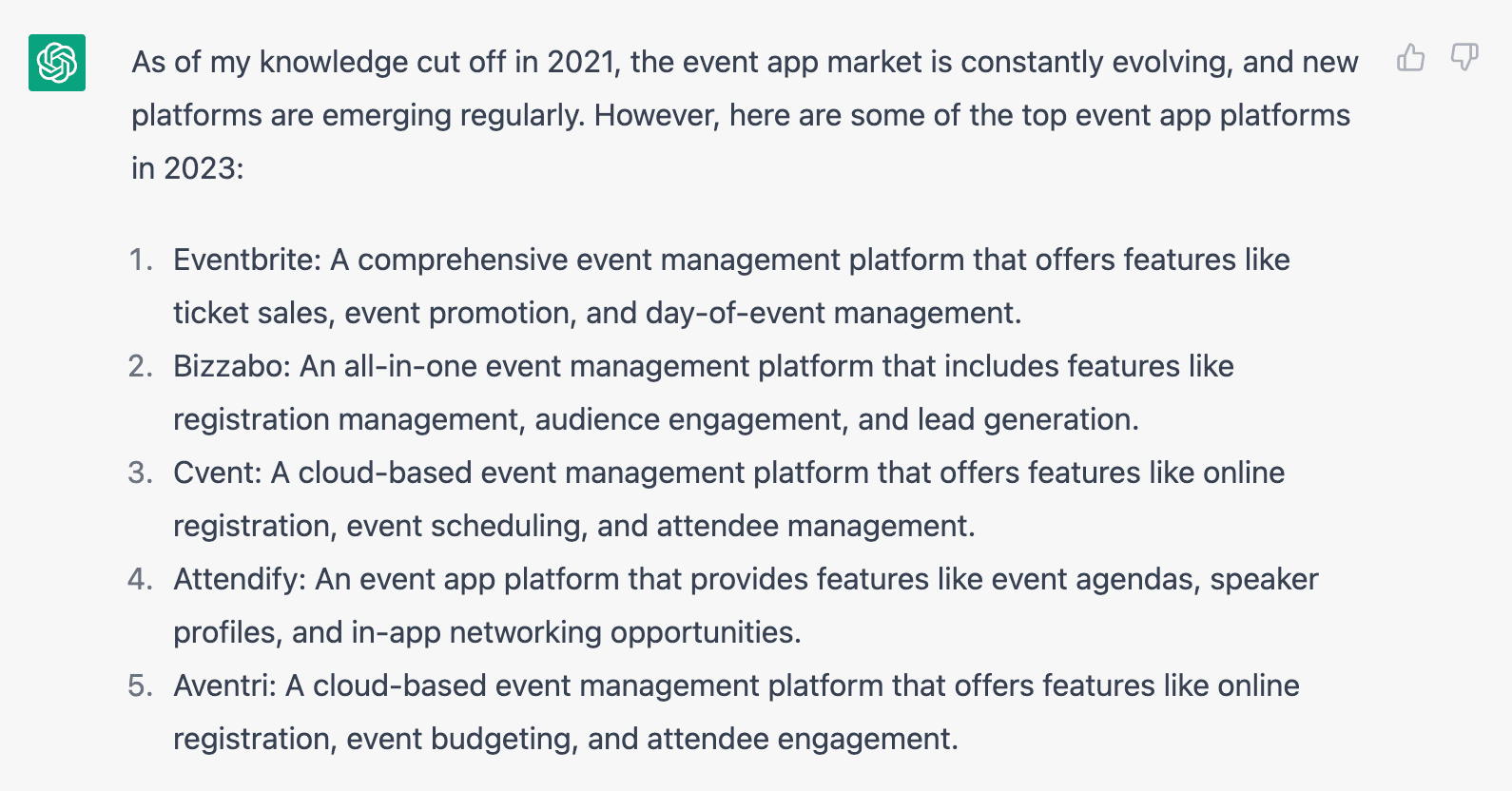 ChatGPT response for top 5 event app companies